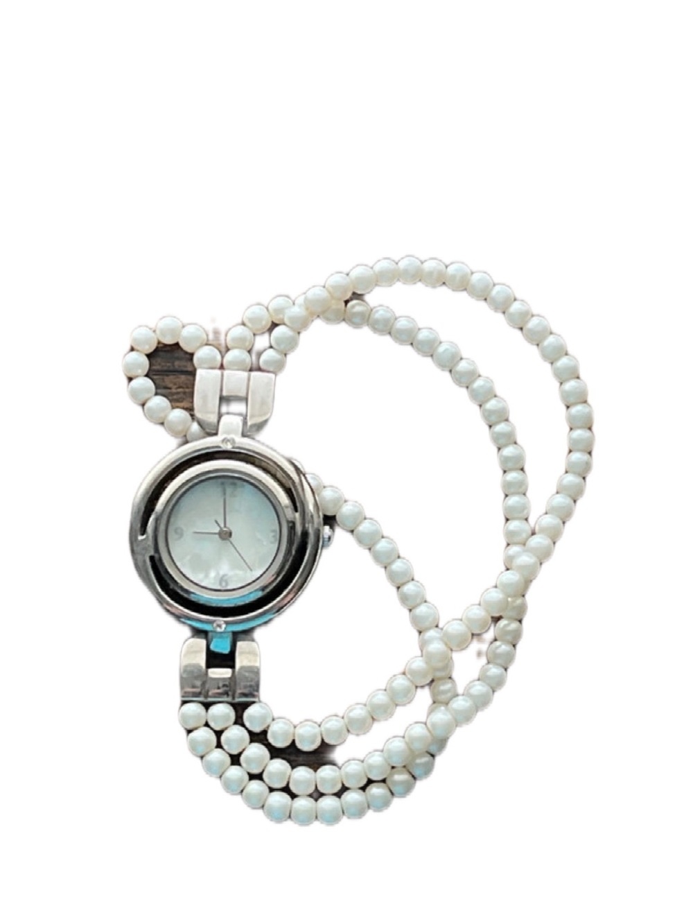 Vintage White Pearl Beaded Watch with Silver-Tone Case